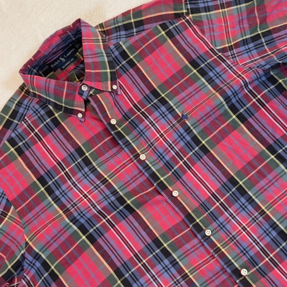 Ralph Lauren Classic Fit Plaid Short Sleeve Button Down Shirt Size Large Vintage